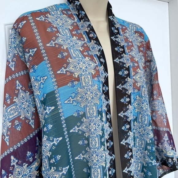 Anna Sui Women's Sz PS Petite Small Blue, Purple, Shimmery Kimono w/ Leaf Fringe - Picture 2 of 9